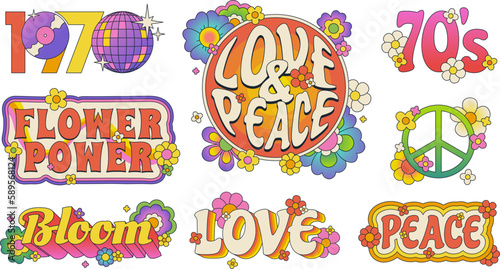 Retro 70s slogan with daisy flowers, inspirational quotes with floral elements, flower power. Vintage disco design element for poster or sticker, sixties aesthetic typography for t-shirt vector set
