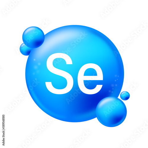 Selenium, Se. Icon structure chemical element round shape circle light blue. Chemical element of periodic table