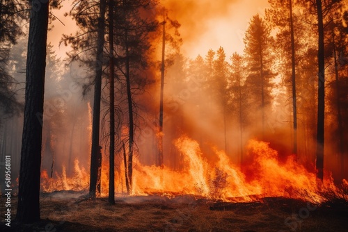 Large-scale forest fire, catastrophe. Climate change. The problem, the impact of fire on the environment and human health. generative ai. © Светлана Коробкова