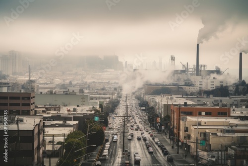 smoggy cityscape with towering smokestacks and heavy traffic, created with generative ai