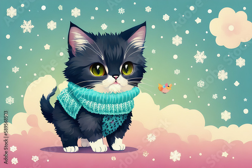 An adorable cute cat character warmed up in winter clothes standing in nice hat and scarf ready to celebrate christmas created with generative ai