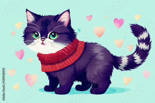 An adorable cute cat character warmed up in winter clothes standing in nice hat and scarf ready to celebrate christmas created with generative ai