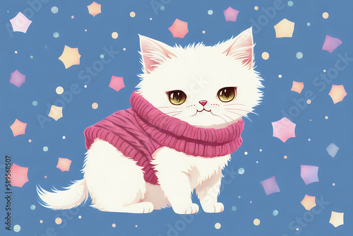 An adorable cute cat character warmed up in winter clothes standing in nice hat and scarf ready to celebrate christmas created with generative ai