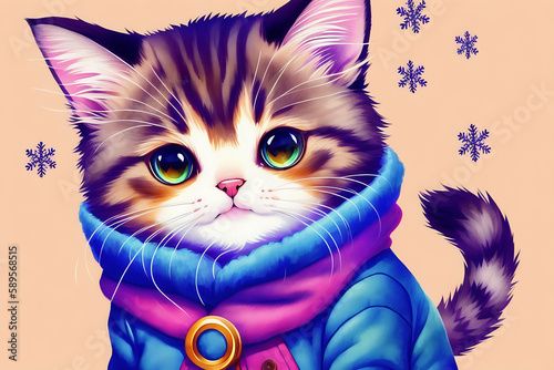 An adorable cute cat character warmed up in winter clothes standing in nice hat and scarf ready to celebrate christmas created with generative ai