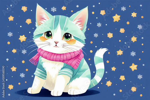 An adorable cute cat character warmed up in winter clothes standing in nice hat and scarf ready to celebrate christmas created with generative ai © fiermanmuch