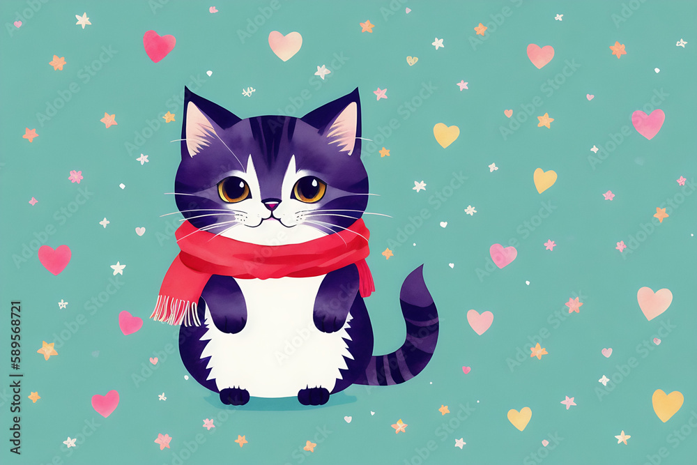 An adorable cute cat character warmed up in winter clothes standing in nice hat and scarf ready to celebrate christmas created with generative ai