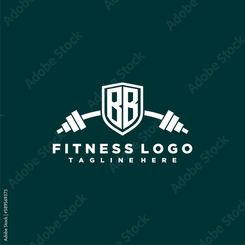 BB initial monogram for fitnes or gym logo with creative shield and barbell design