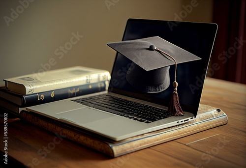 E-learning graduation. Laptop, diploma and mortar board. Generative AI