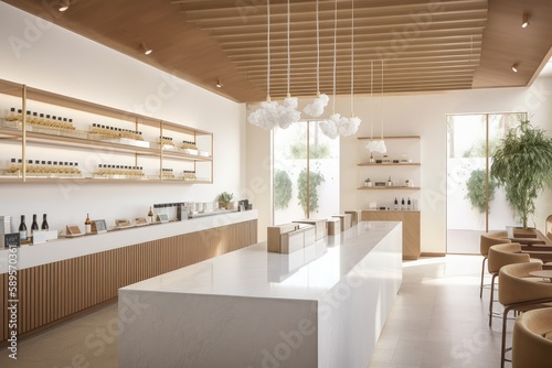 cannabis dispensary with minimalist decor, sleek furnishings, and natural lighting, created with generative ai