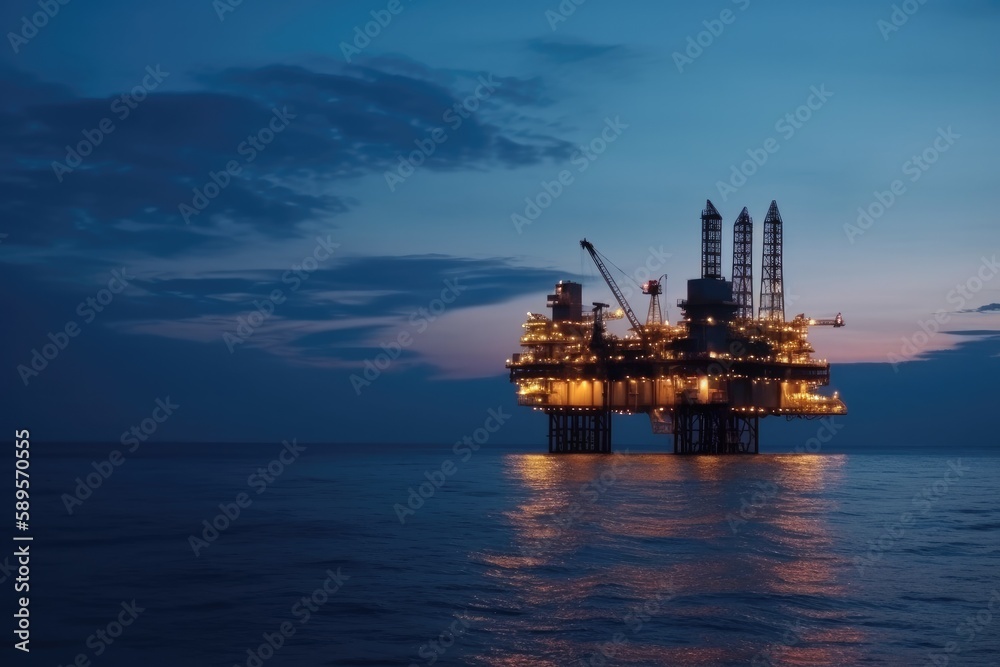 夕暮れ時の海上の石油コンビナート 