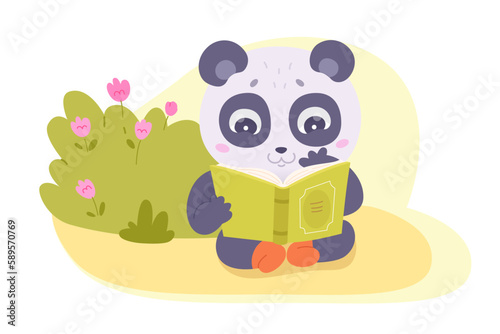 Cute panda reading book outdoor vector illustration. Cartoon happy baby bear sitting and studying open paper book with curiosity, funny little animal character smiling and learning literature