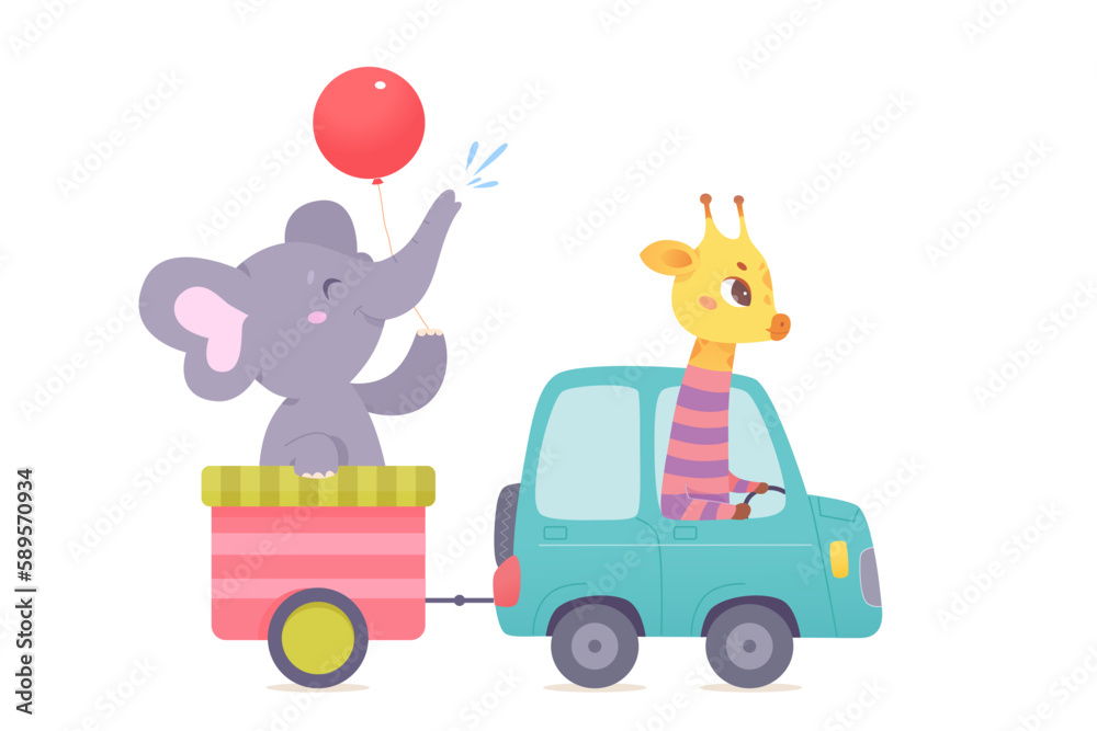 Fun ride of cute animals, funny giraffe riding in green car, carrying elephant in cart Fun ride of cute animals, funny giraffe riding in green car, carrying elephant in cart