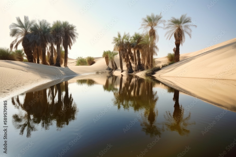desert mirage of water reflection and palm trees, with reality being endless dunes, created with generative ai
