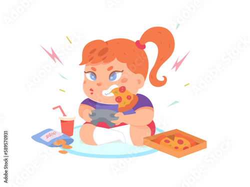 Girl playing video game with slice of pizza in mouth, funny hungry child holding gamepad