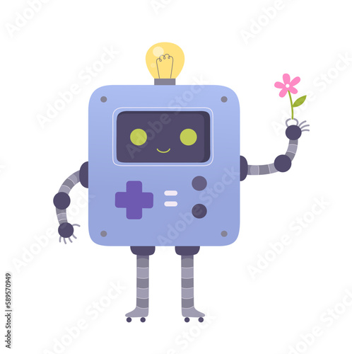 Cute toy robot, square happy machine character with smile holding flower in robotic arm