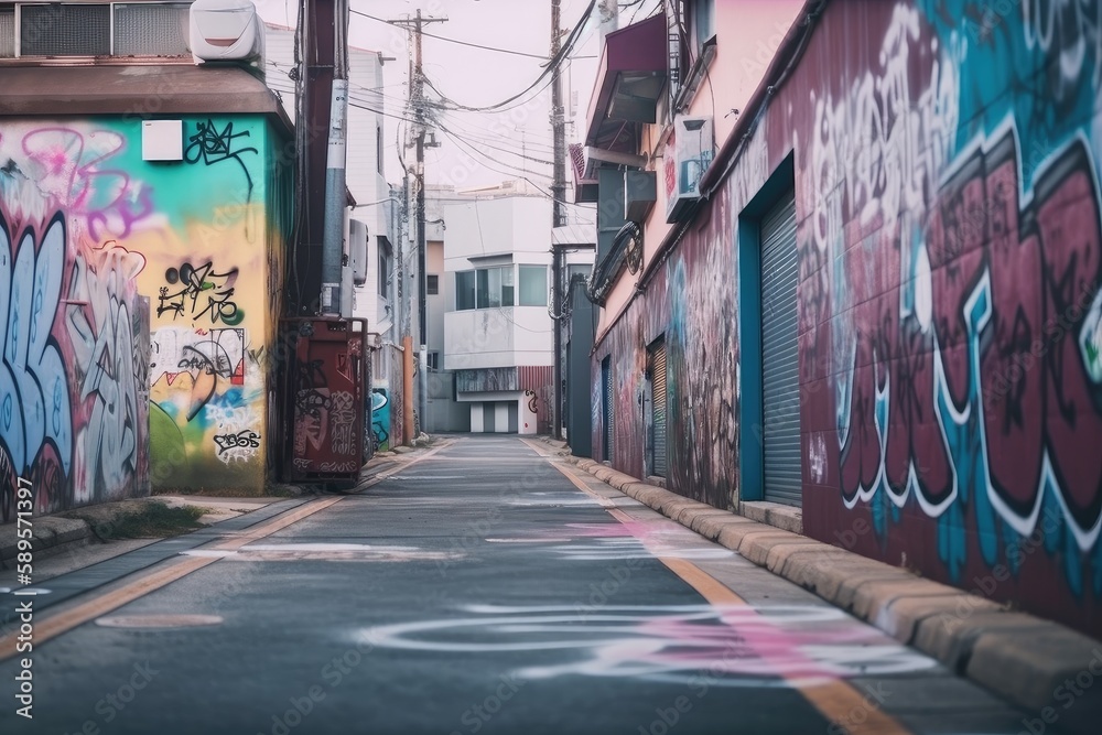 lofi city street with colorful graffiti, adding unique element to the photo, created with generative ai