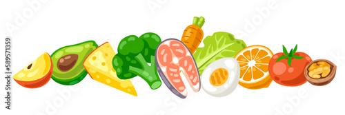 Fototapeta Naklejka Na Ścianę i Meble -  Illustration of healthy eating and diet meal. Fruits, vegetables and proteins for proper nutrition.