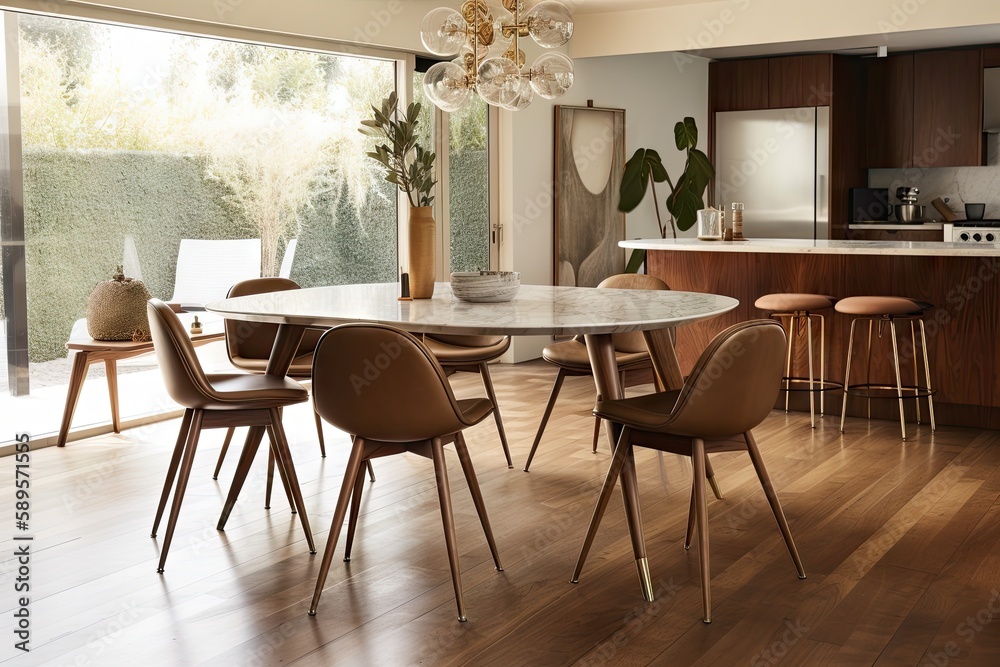 mid-century dining table with mix of metal and wood legs, surrounded by chairs, created with generative ai mid-century dining table with mix of metal and wood legs, surrounded by chairs, created with generative ai