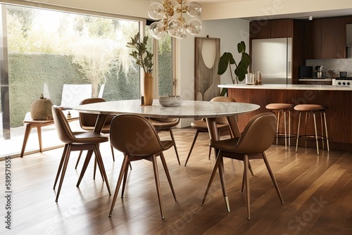 mid-century dining table with mix of metal and wood legs  surrounded by chairs  created with generative ai