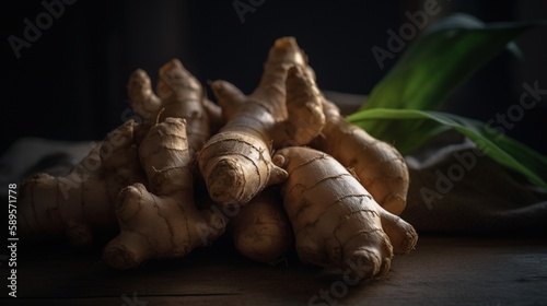 Generative AI, ginger root spice photorealistic illustartion on dark background. photo