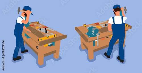 vector set flat man working with carpenter profession 