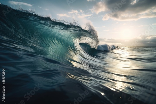 tsunami wave rolling over serene water, with dramatic skies in the background, created with generative ai