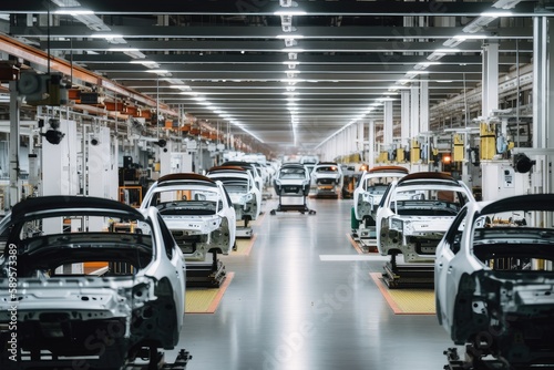 cars being assembled on factory floor, with parts moving in a blur of motion, created with generative ai