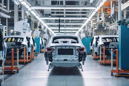 automotive factory, with cars being manufactured and tested on the assembly line, created with generative ai