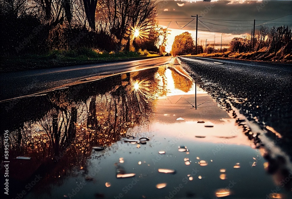 Reflections at wet countryside sunny road after the rain. Generative AI ...
