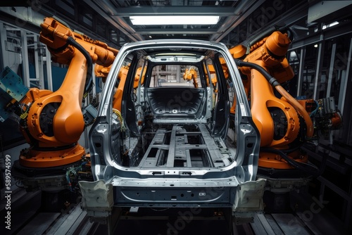 robot arm guiding human worker in the assembly of a car, created with generative ai © Natalia