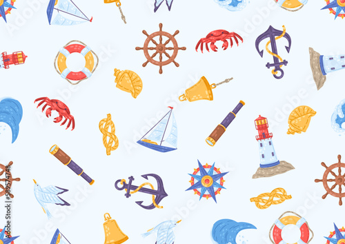 Seamless pattern with symbols and items. Marine cute background.