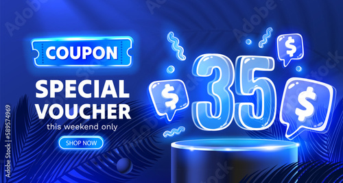 Coupon special voucher 35 dollar, Neon banner special offer. Vector illustration