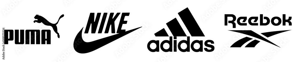caridad embarazada Al borde Popular sportswear logos. Nike, Adidas, Puma, Reebok. realistic editorial  vector set. Black & white logotype Stock Vector | Adobe Stock