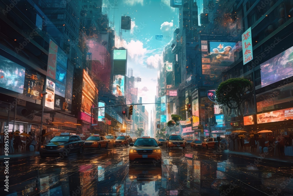 Naklejka premium digital holographic backdrop of busy city street, with taxis and people in the background, created with generative ai