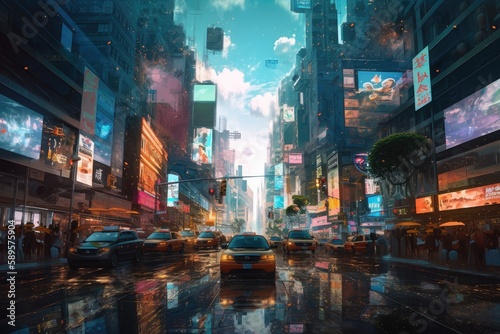 digital holographic backdrop of busy city street  with taxis and people in the background  created with generative ai