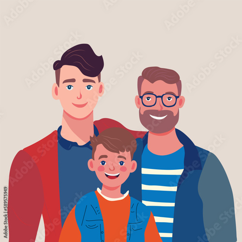 Male gay couple adopting baby. Two happy young men and child flat vector illustration. LGBT family, parenthood, child care concept	