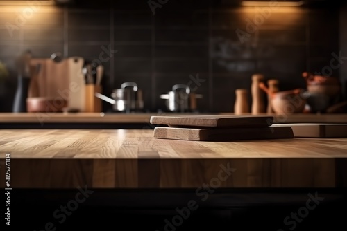 Empty wooden table top with out of focus lights bokeh rustic farmhouse kitchen background | Table top and blurred kitchen room as background, Generative AI