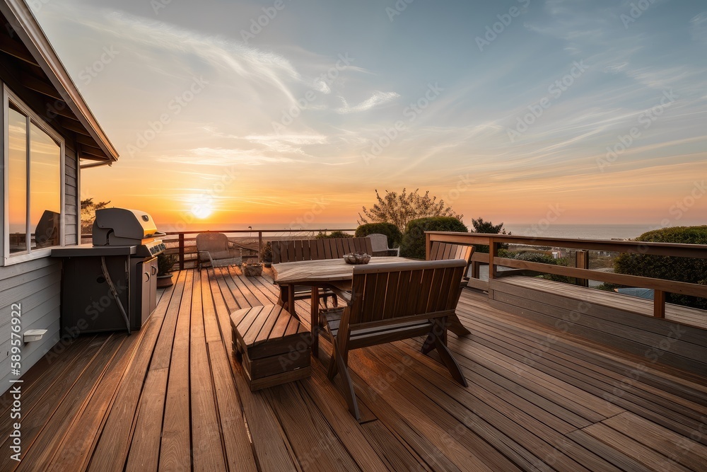 deck with built-in grill, lounge chairs and view of the sunset, created with generative ai