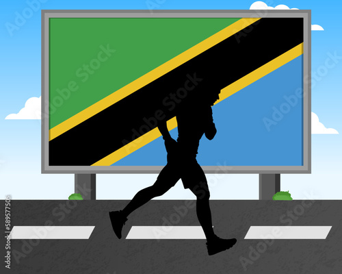 Running man silhouette with Tanzania flag on billboard, olympic games or marathon competition
