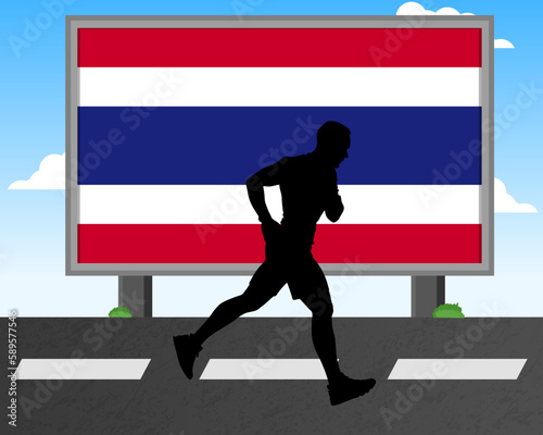 Running man silhouette with Thailand flag on billboard, olympic games or marathon competition