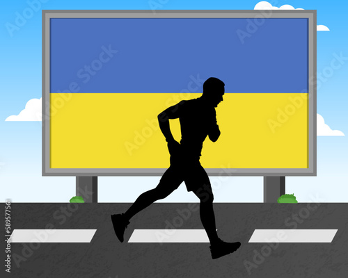 Running man silhouette with Ukraine flag on billboard, olympic games or marathon competition