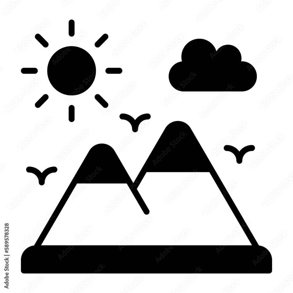 A beautiful view of the mountain landscape. Mountain and sun denoting icon of hill station in trendy style