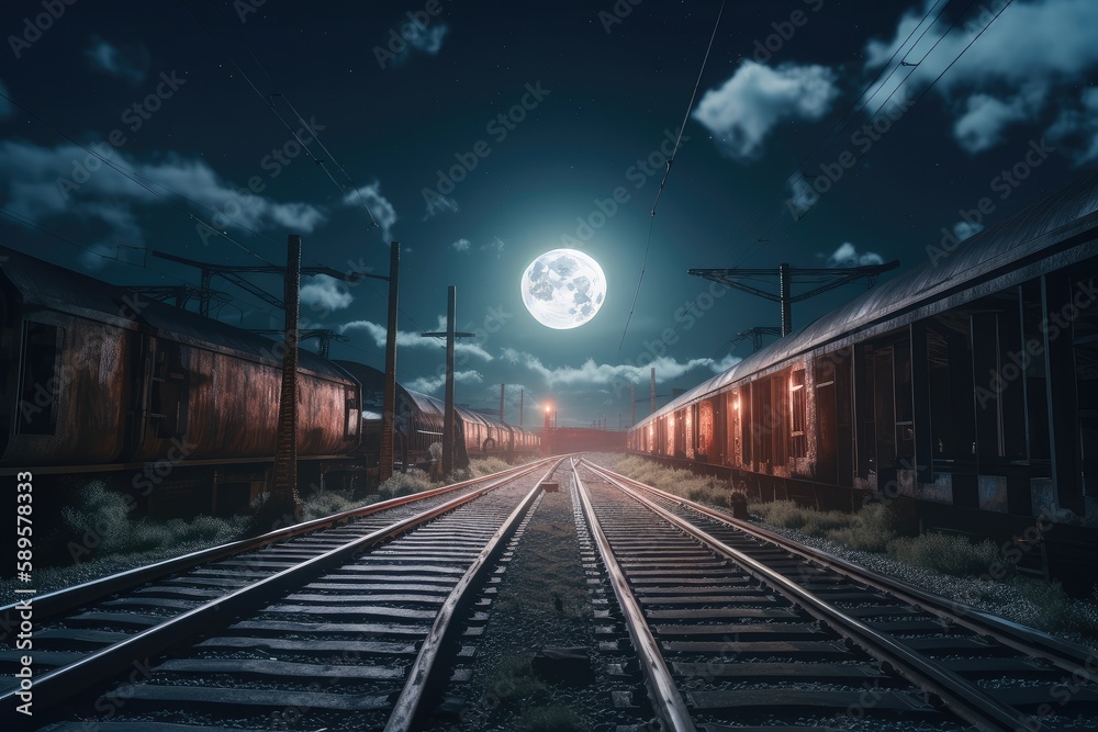 Obraz premium nighttime view of railway tracks and lanterns, with the moon shining above, created with generative ai