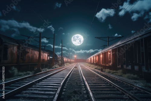 nighttime view of railway tracks and lanterns, with the moon shining above, created with generative ai