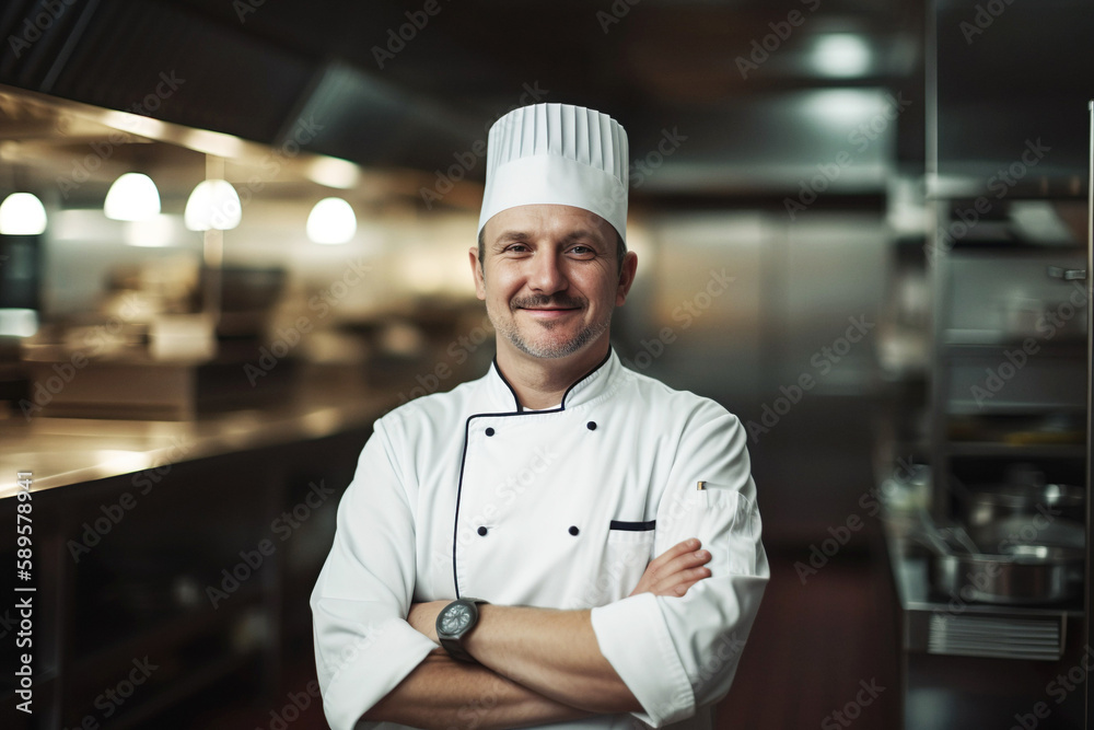 Friendly professional chef posing in his kitchen. Generative AI. 