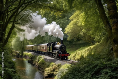 steam train chugging through woodland, with trees and streams in the background, created with generative ai