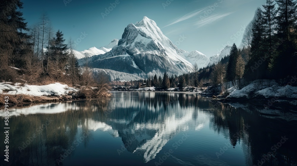 A Majestic Mountain Reflected in a Mirror-Like Lake: A Scenic Natural Landscape. Generative AI