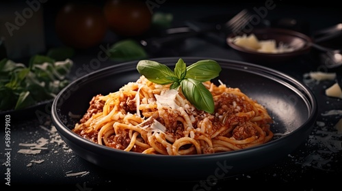 A Delicious Combination of Generative Classic Italian Spaghetti Pasta with Bolognese Sauce, Parmesan Cheese, and Basil - A Perfect Lunch for Epicures: Generative AI