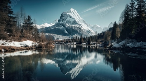 A Majestic Mountain Reflected in a Mirror-Like Lake: A Scenic Natural Landscape. Generative AI