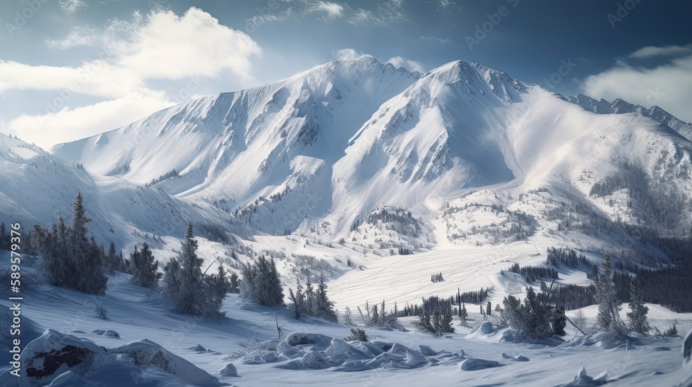 Majestic Winter Wonderland: Snow-Covered Mountain Range Panorama: Generative AI